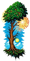 Tree of life with fireworks exploding in background leading up to clouds going into heaven tattoo design idea