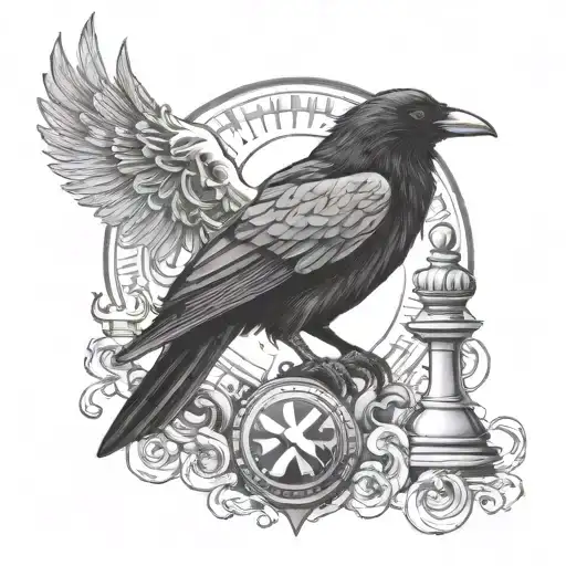 raven with sun, king chess piece and rain cloud tattoo design idea