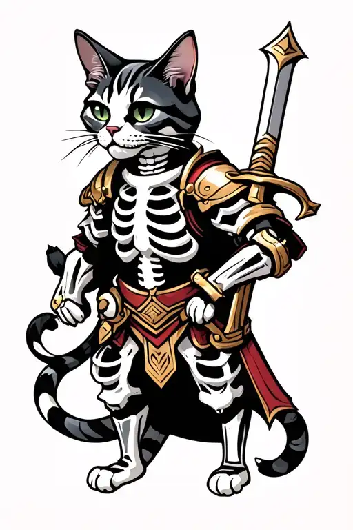 cat wearing skeleton armor holding a sword tattoo design idea