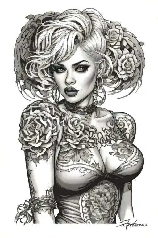Sexy girl, Huge boobs, cleavage, petite, pure white eyes, torn clothing, short white bob hairstyle, waist up view  tattoo design idea