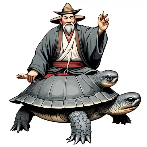 an old japanese man  sitting on a turtle from the japanese tale urachima taro tattoo design idea