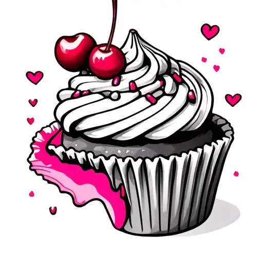cupcake with frosting, sprinkles, and a cherry drip; lipstick-marked bite on the side; surrounded by heart sparkles tattoo design idea