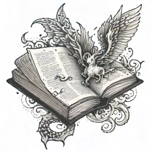 A dotwork tattoo of a book with mythical creatures from various mythologies coming out of its pages,  tattoo design idea