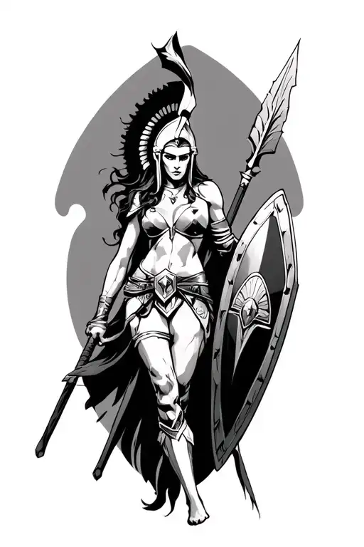 ares as a female spartan with spear and shield adorned tattoo design idea