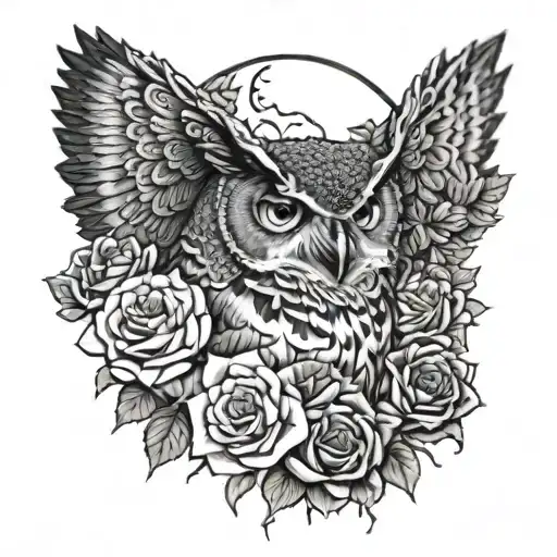 great horned owl surrounded by roses, hemlock, and crescent moon tattoo design idea