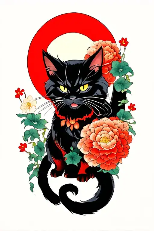 Sketch tattoo sleeve in a Japanese style with a demonic cat tattoo design idea