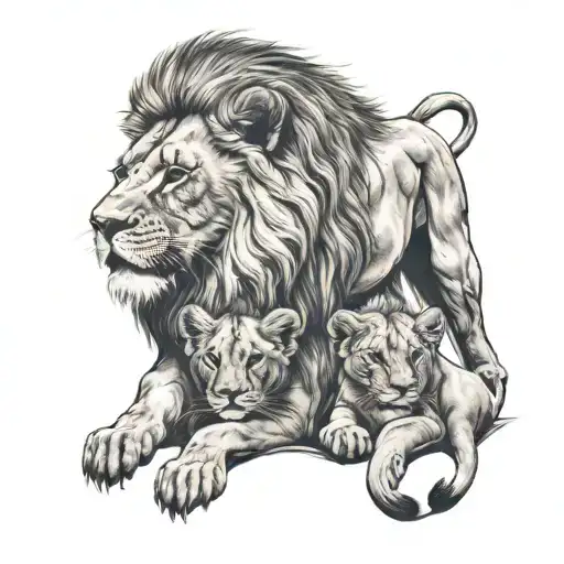 Lion and lioness protecting 2 cubs tattoo design idea