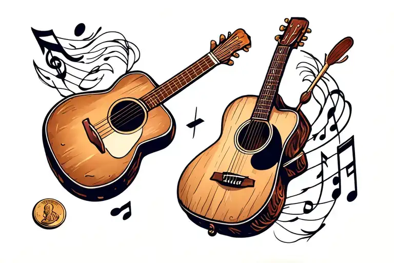 Acoustic guitar, arrow, penny, music note tattoo design idea