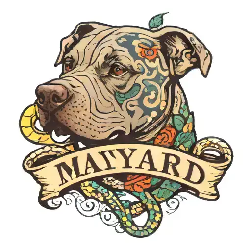 the name "maynard" with a pit bull in the back with a snake on its neck. tattoo design idea