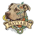 the name "maynard" with a pit bull in the back with a snake on its neck. tattoo design idea