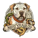 the name "maynard" with a pit bull in the back with a snake on its neck. tattoo design idea