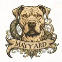 the name "maynard" with a pit bull in the back with a snake on its neck. tattoo design idea