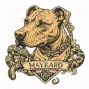 the name "maynard" with a pit bull in the back with a snake on its neck. tattoo design idea
