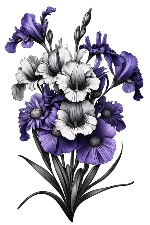 Bouquet of iris, purple, lark and aster flowers tattoo design idea