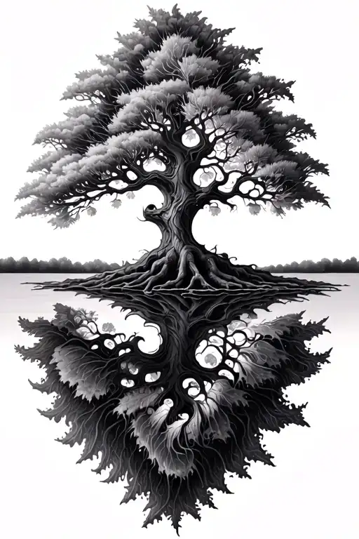 A single willow tree, one side natural and detailed, the other side smoothly transforming into a Mandelbrot fractal patt tattoo design idea