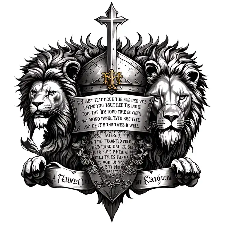 knight templar with a lion and a warrior bible verse written tattoo design idea