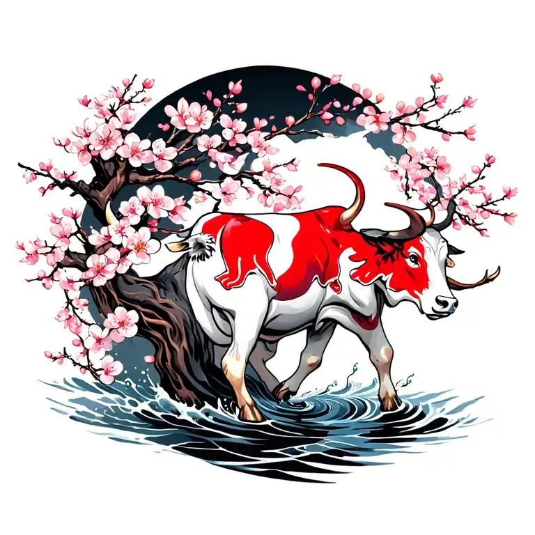 red bull standing in black stream of water near cherry blossom tattoo design idea