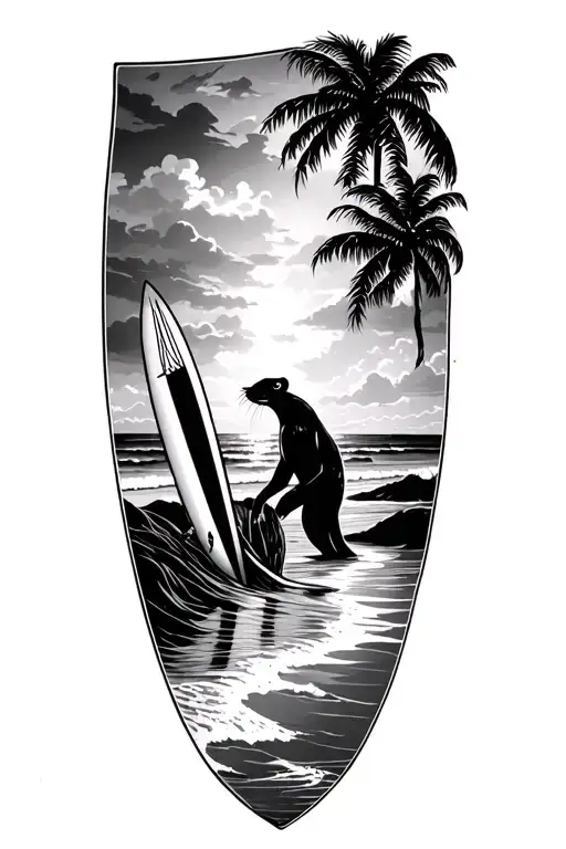 rat , surf boards and beach landscape tattoo design idea