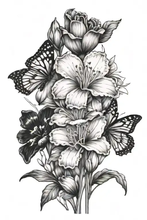 fine line spine tatto of carnation and snowdrop flowers with butterflys  tattoo design idea