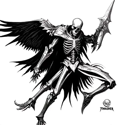 dark art thrasher skeleton knight in a dramatic pose tattoo design idea