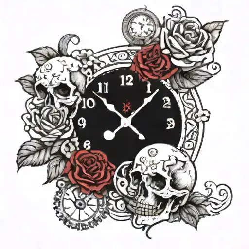 a tatoo sleeve that has skulls on it and roses with a 4 leaf clover that says 4ever and always with a clock,an animal, a tattoo design idea