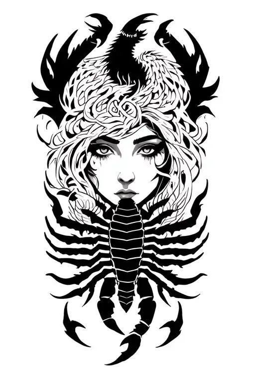 sillouette of a woman’s face serene and powerful. A scorpion covering her chest reincarnate phoenix and dragon tattoo design idea