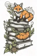 Fox on a stack of books surrounded by evergreen trees tattoo design idea