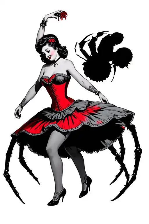 traditional style can-can dancing woman in black and grey with red corset and shadow behind her is 8 spider legs tattoo design idea
