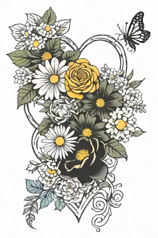 Marigold, cosmos, roses, daisies intertwined hearts tattoo design idea