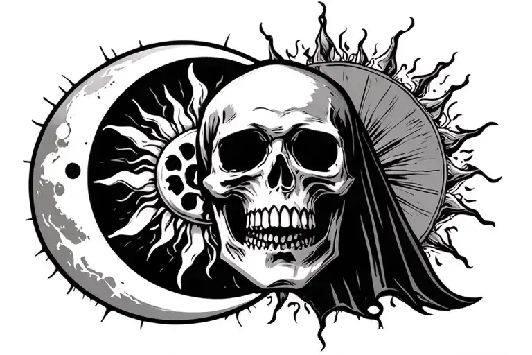 death skull with the sun and moon on either side profile grim reaper sicle cartoon tattoo design idea