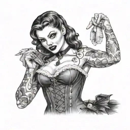 Gothic photo realistic pinup girl wearing corset and fishnets bitten by vampire tattoo design idea