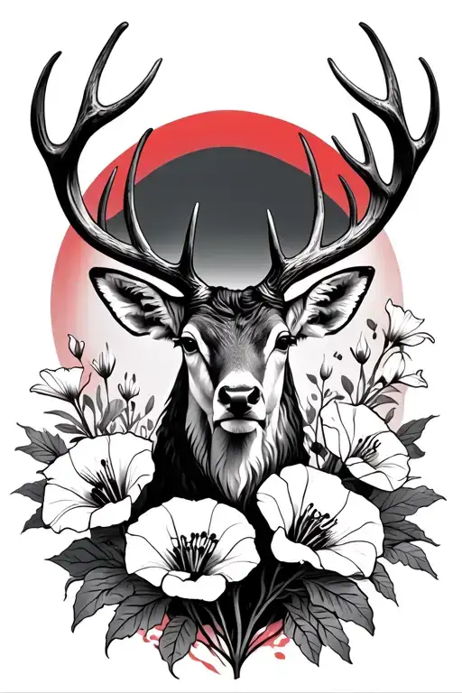 Stag with Lillies and poppies in red tattoo design idea