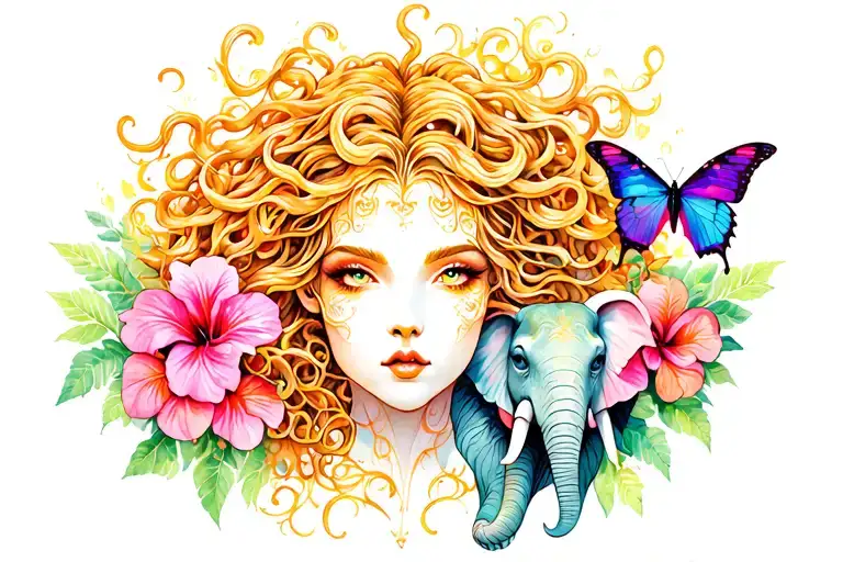 a vibrant èxressive tattoo that combines medusa head maleficent poison oak, semicolon, elephant, hibiscus, and butterfly tattoo design idea