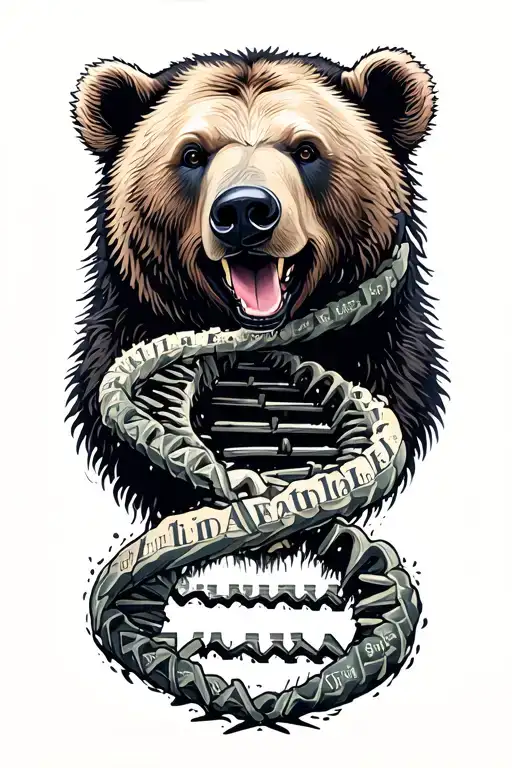 Alexia written using periodic table. double strand dna helix swirling through. include grizzly bear tattoo design idea