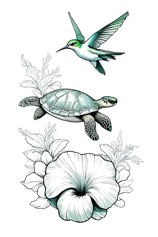 green turtle, humming bird, trident, pride of hibiscus flower, conch shell tattoo design idea