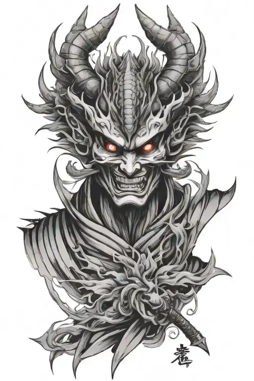 samurai, japanese dragon, oni mask, lycoris radiata tattoo design idea