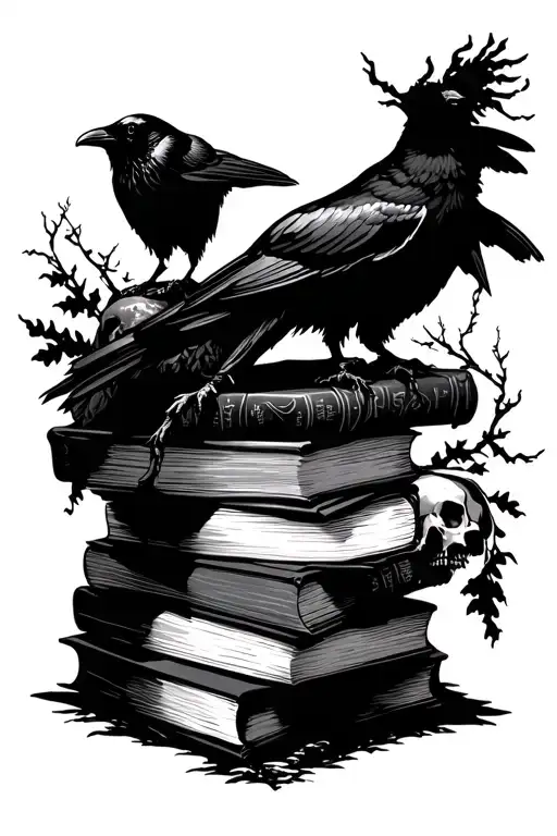 silhouette of forest with stack of books that has a skull on top with a raven atop the skull Edgar Allen Poe themed tattoo design idea