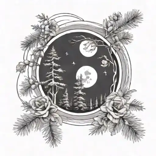 a moon with pine trees below. At the base of the pine trees are three flowers: a rose, a daisy, and a california poppy tattoo design idea