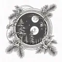 a moon with pine trees below. At the base of the pine trees are three flowers: a rose, a daisy, and a california poppy tattoo design idea
