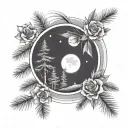 a moon with pine trees below. At the base of the pine trees are three flowers: a rose, a daisy, and a california poppy tattoo design idea
