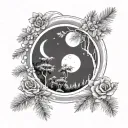 a moon with pine trees below. At the base of the pine trees are three flowers: a rose, a daisy, and a california poppy tattoo design idea