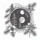 a moon with pine trees below. At the base of the pine trees are three flowers: a rose, a daisy, and a california poppy tattoo design idea
