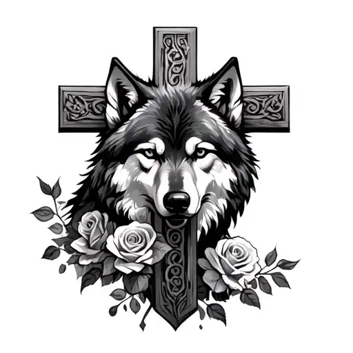 wolf guarding a cross, cross wrapped in roses tattoo design idea