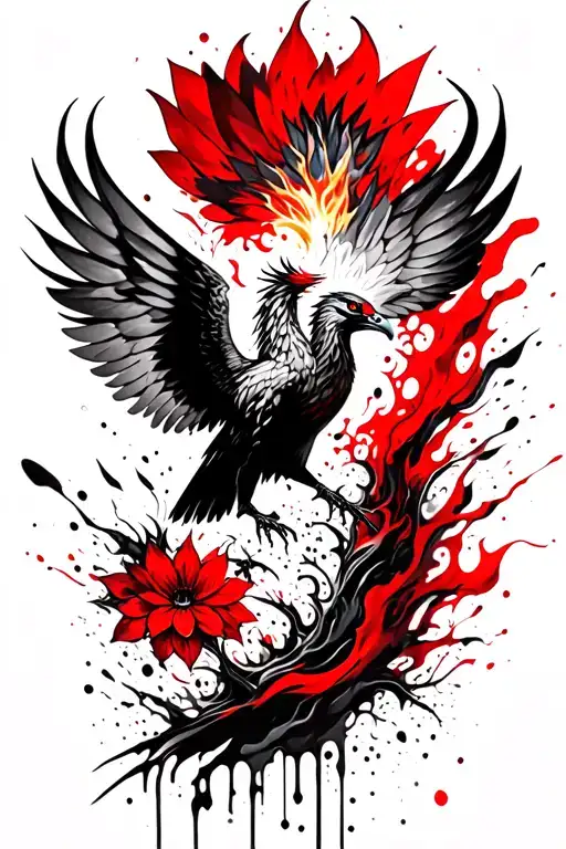 fiery phoenix flying lotus flowers tattoo design idea