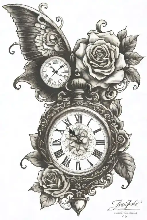 heart shaped pocketwatch surrounded in gemstones, roses in the background, I with a sleeping baby angel tattoo design idea