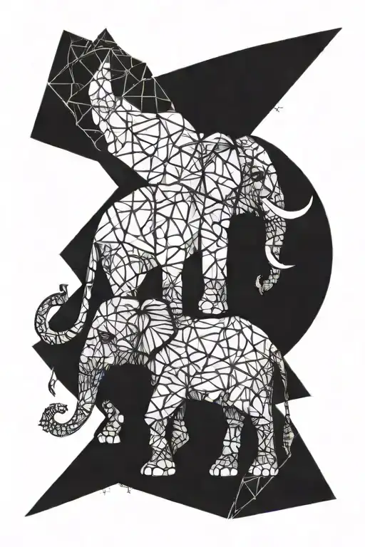 Full-face elephant with sacral geometrical scheme on the inner side of the forearm with triangle and round dotwork and s tattoo design idea