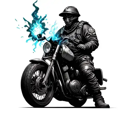 A sapper in a fantasy world using magic to control a motorcycle, representing creativity and innovation tattoo design idea