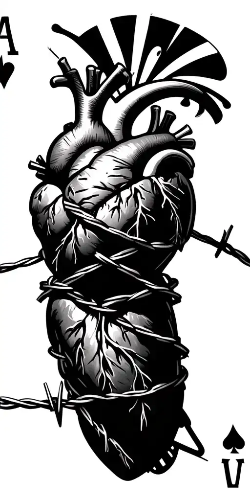 small human heart tied in barbed wire wrapped around it, ace of spades card,  western, cowboy tattoo design idea