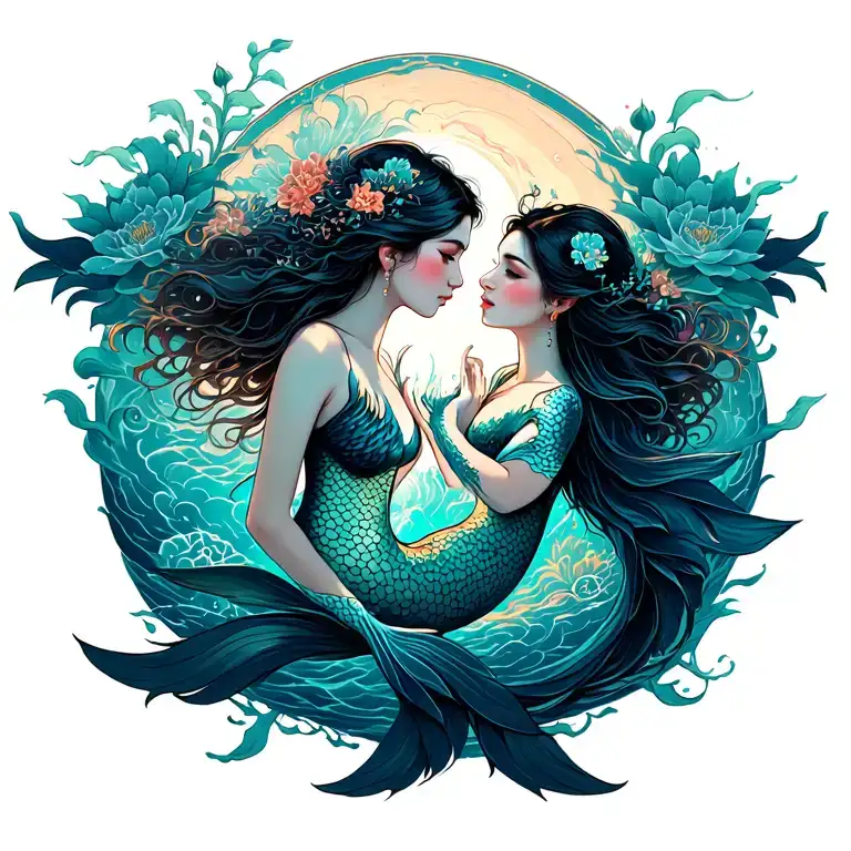 pisces mermaids forming tattoo design idea