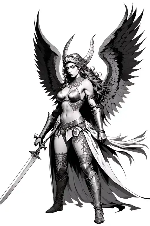 Valkyrie with above average breasts, in battle torn armor, alluring battle pose. with angel like wings, sword in hand, h tattoo design idea